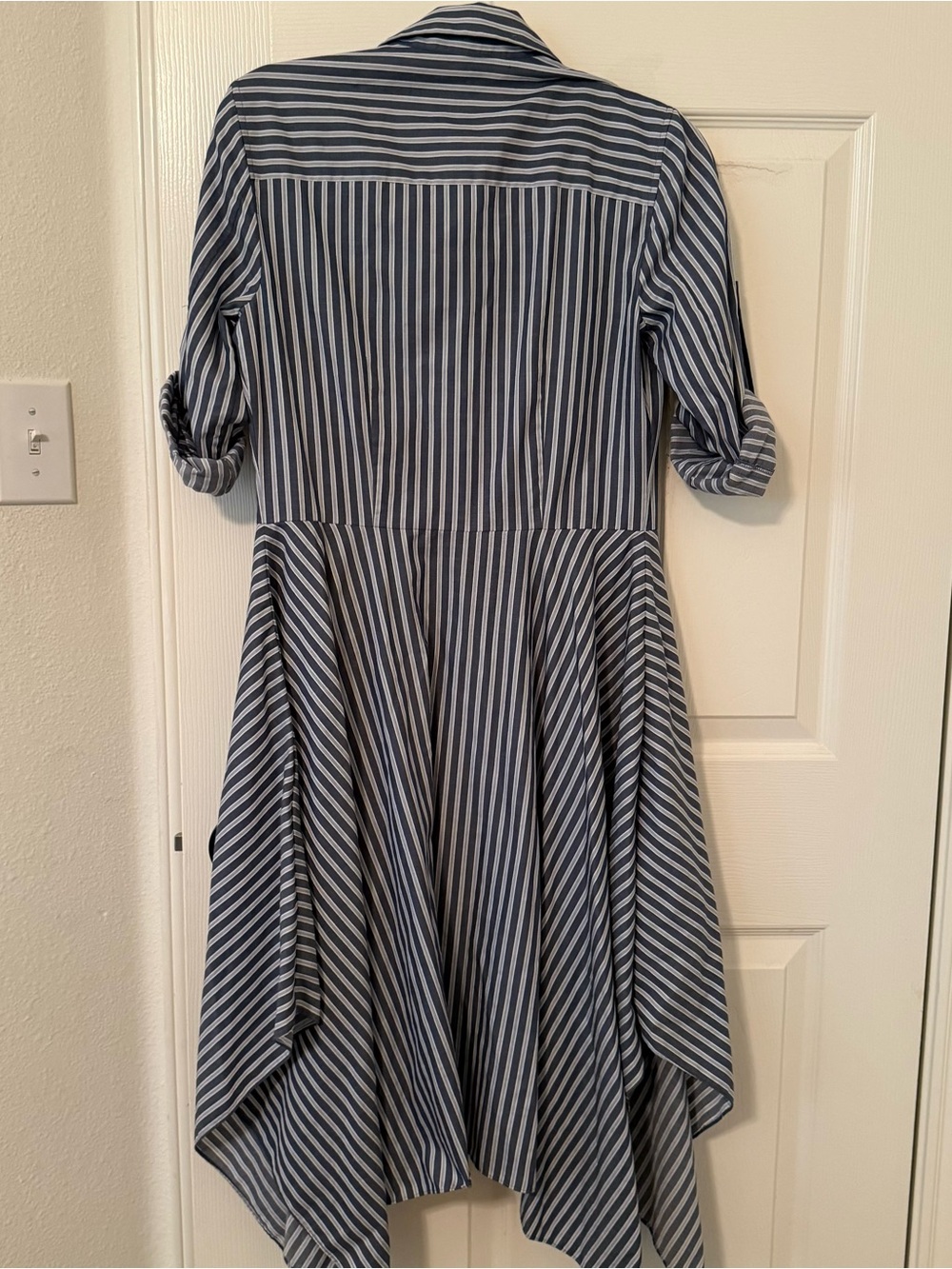 BCBGMaxAzria Navy and White Striped Midi Shirt Dress church office 100% cotton - Picture 9 of 10